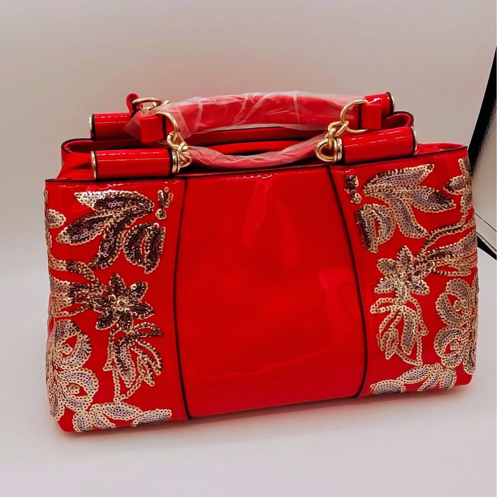 Glam Red Patent Leather Satchel Gold Sequin Floral Embroidery Bag - Picture 3 of 6